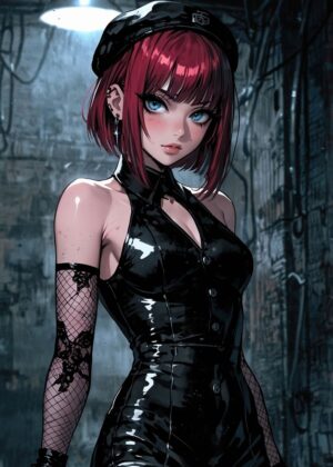 Anime Girl in Black Leather: Dark and Edgy Art Print - Premium Wooden Framed Poster. Ready to Hang.