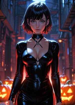 Cyberpunk Halloween Catsuit Girl Art Print - Premium Wooden Framed Poster. Ready to Hang.