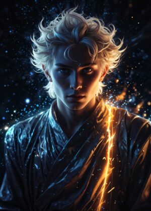 Radiant Youth: A Glowing Energy Portrait - Premium Wooden Framed Poster. Ready to Hang.