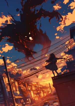 Anime Girl Defies Giant Shadow Monster at Sunset - Premium Wooden Framed Poster. Ready to Hang.