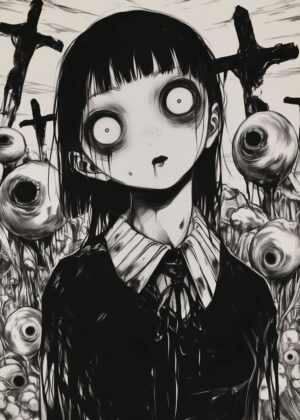 Gothic Anime Girl: Dark Fantasy Art Print - Premium Wooden Framed Poster. Ready to Hang.