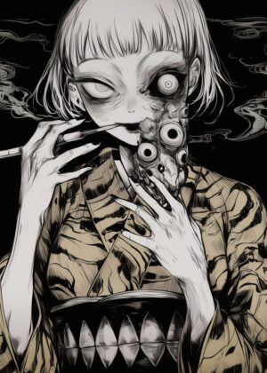 Creepy Anime Girl with Eyes: Dark Fantasy Art Print - Premium Wooden Framed Poster. Ready to Hang.