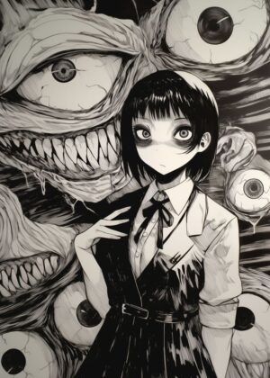 Anime Girl and Monstrous Entity: A Dark Fantasy Illustration - Premium Wooden Framed Poster. Ready to Hang.