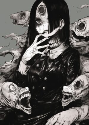 Horror Anime Girl with Fish Monsters Artwork - Premium Wooden Framed Poster. Ready to Hang.