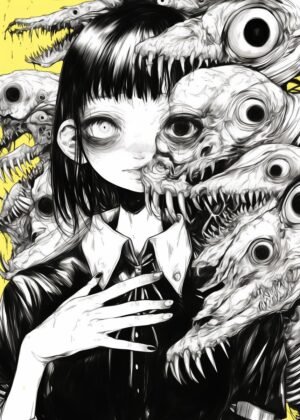 Girl Surrounded by Monsters: Dark Fantasy Art Print - Premium Wooden Framed Poster. Ready to Hang.