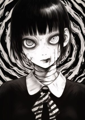 Creepy Anime Girl: Disturbingly Beautiful Digital Art Print - Premium Wooden Framed Poster. Ready to Hang.