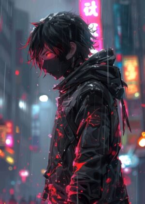 Cyberpunk Anime Rain: Neon City Nights - Premium Wooden Framed Poster. Ready to Hang.