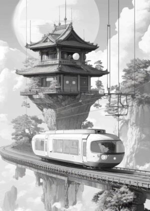 Japanese Train in the Clouds: A Whimsical Journey Through Fantasy - Premium Wooden Framed Poster. Ready to Hang.