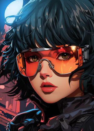 Cyberpunk Anime Girl: Futuristic Digital Art Print - Premium Wooden Framed Poster. Ready to Hang.