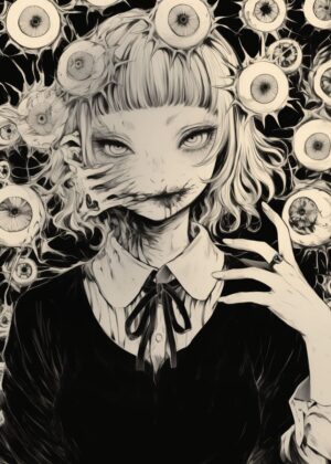 Eyes of Horror: A Monochrome Masterpiece - Premium Wooden Framed Poster. Ready to Hang.