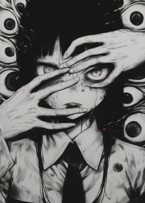 Eyes of Horror: A Monochromatic Nightmare - Premium Wooden Framed Poster. Ready to Hang.