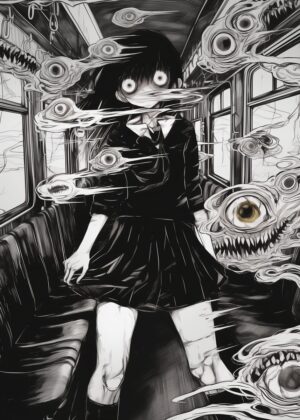Anime Girl Surrounded by Eyes: A Dark Fantasy Illustration - Premium Wooden Framed Poster. Ready to Hang.