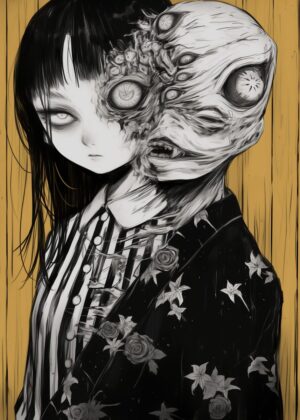 Creepy Anime Girl with Monster Face: Dark Fantasy Art Print - Premium Wooden Framed Poster. Ready to Hang.