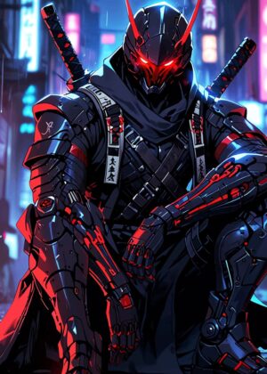 Cyberpunk Ninja: Neon-Drenched Streets - Premium Wooden Framed Poster. Ready to Hang.