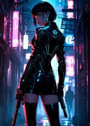 Cyberpunk Anime Girl: Neon Streets - Premium Wooden Framed Poster. Ready to Hang.