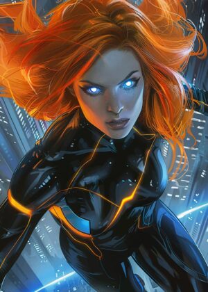 Cyberpunk Female Superhero Art Print - Premium Wooden Framed Poster. Ready to Hang.