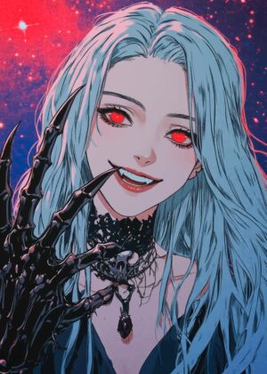 Anime Girl with Red Eyes: Mystical Beauty - Premium Wooden Framed Poster. Ready to Hang.
