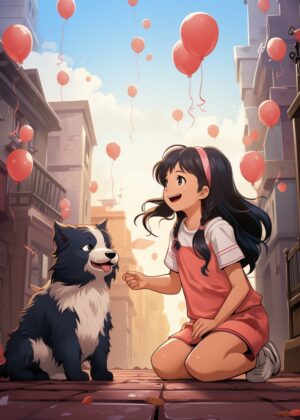 Girl and Dog Amidst Floating Balloons - Premium Wooden Framed Poster. Ready to Hang.