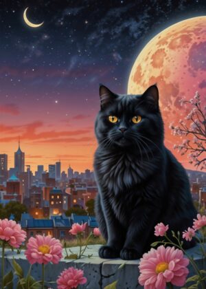 Midnight City: Majestic Black Cat in Urban Twilight - Premium Wooden Framed Poster. Ready to Hang.
