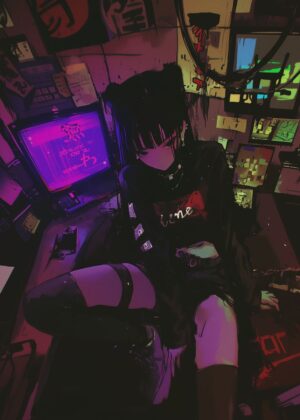 E-girl Pt. 2: Cyberpunk Anime Girl Art Print - Premium Wooden Framed Poster. Ready to Hang.