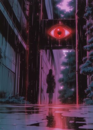 The Watcher: Cyberpunk Rain Cityscape Art Print - Premium Wooden Framed Poster. Ready to Hang.