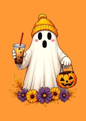 Adorable Halloween Ghost with Boba Tea Illustration - Premium Wooden Framed Poster. Ready to Hang.