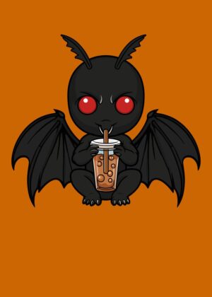 Adorable Demon with Boba Tea: Cute Dark Fantasy Art - Premium Wooden Framed Poster. Ready to Hang.
