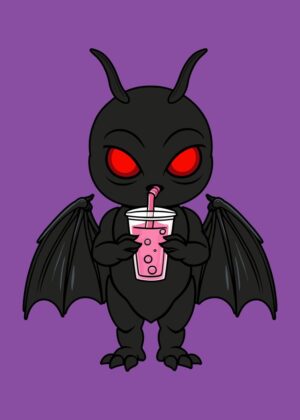 Cute Demon with Pink Drink - Premium Wooden Framed Poster. Ready to Hang.