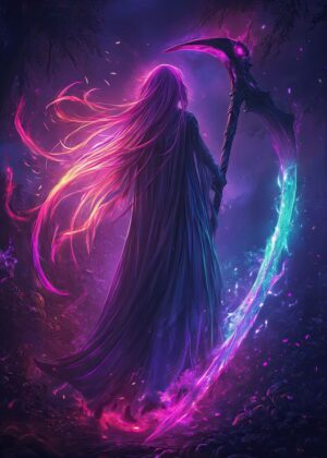 Dark Fantasy Reaper: A Glowing Embrace of Shadow and Light - Premium Wooden Framed Poster. Ready to Hang.