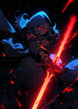 Fiery Anime Girl with Glowing Sword - Premium Wooden Framed Poster. Ready to Hang.
