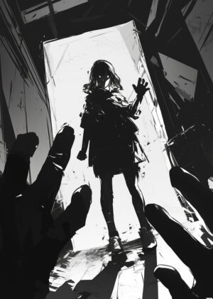 Silhouette of a Girl in a Dark Alley - Premium Wooden Framed Poster. Ready to Hang.