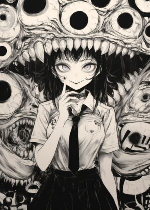 Schoolgirl and Monster: A Dark Fantasy Illustration - Premium Wooden Framed Poster. Ready to Hang.