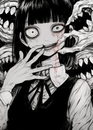 Creepy Anime Girl Art Print - Premium Wooden Framed Poster. Ready to Hang.