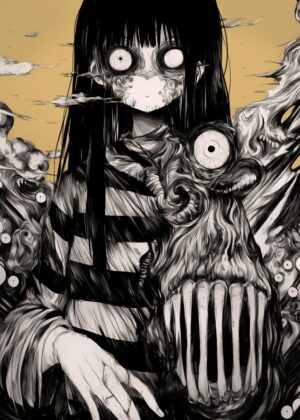Horror Anime Girl and Grotesque Creature: Dark Fantasy Art Print - Premium Wooden Framed Poster. Ready to Hang.