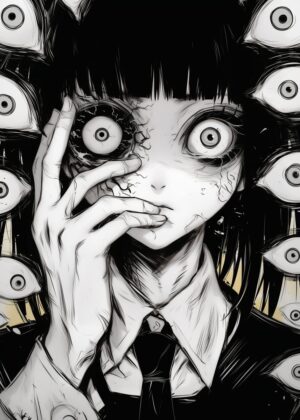 Eyes of Horror: A Disturbingly Beautiful Anime Artwork - Premium Wooden Framed Poster. Ready to Hang.