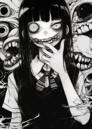 Creepy Anime Girl Art Print - Premium Wooden Framed Poster. Ready to Hang.
