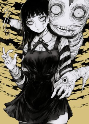 Horror Anime Girl and Monster Artwork Print - Premium Wooden Framed Poster. Ready to Hang.