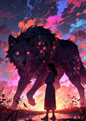 Sunset Wolf and Girl Art Print - Premium Wooden Framed Poster. Ready to Hang.
