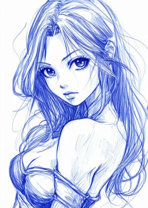 Anime Girl Sketch: Blue Ink Waifu Art - Premium Wooden Framed Poster. Ready to Hang.