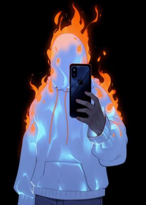 A Moment in the Inferno: Fiery Self-Portrait - Premium Wooden Framed Poster. Ready to Hang.