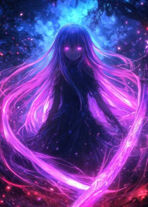 Neon Anime Girl: Mystical Energy and Cyberpunk Style - Premium Wooden Framed Poster. Ready to Hang.