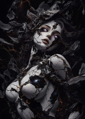 Cracked Cosmic Woman: A Mystical Digital Art Print - Premium Wooden Framed Poster. Ready to Hang.