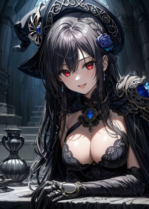 Anime Witch with Red Eyes: Dark Fantasy Art Print - Premium Wooden Framed Poster. Ready to Hang.