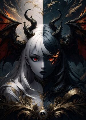 Dark Angel with Wings: A Dual Nature Artwork - Premium Wooden Framed Poster. Ready to Hang.