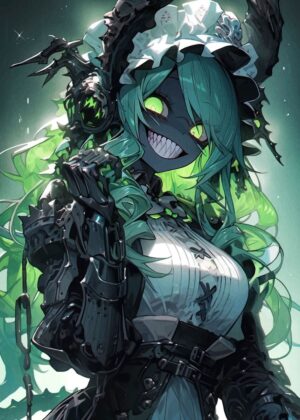 Green-Haired Demon Girl: Anime Art Print - Premium Wooden Framed Poster. Ready to Hang.