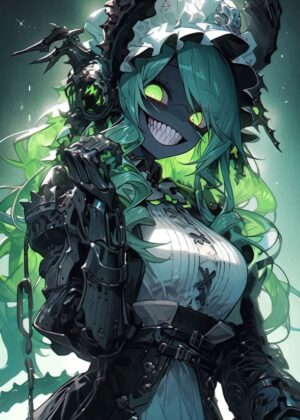Green-Haired Demon Girl: Dark Fantasy Art Print - Premium Wooden Framed Poster. Ready to Hang.