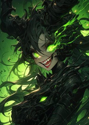 Green-Eyed Demoness: Dark Fantasy Art Print - Premium Wooden Framed Poster. Ready to Hang.
