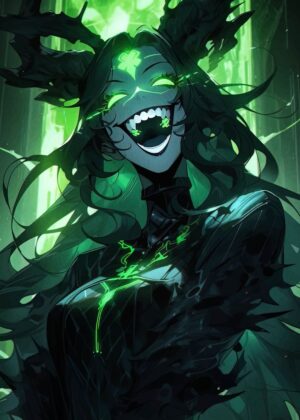 Green-Eyed Demon Girl: Dark Fantasy Art Print - Premium Wooden Framed Poster. Ready to Hang.