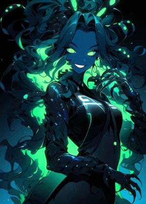 Enigmatic Green-Haired Anime Woman Art Print - Premium Wooden Framed Poster. Ready to Hang.