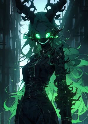 Green-Eyed Demon Girl: Dark Fantasy Art Print - Premium Wooden Framed Poster. Ready to Hang.